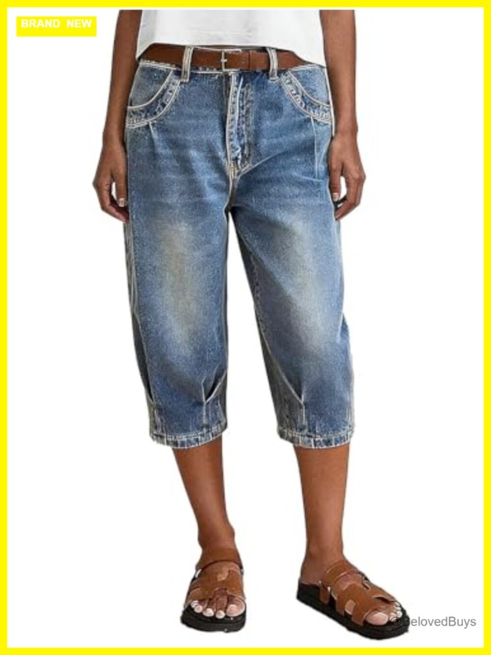 Straight Leg Mid Rise Capri Pleated Jeans